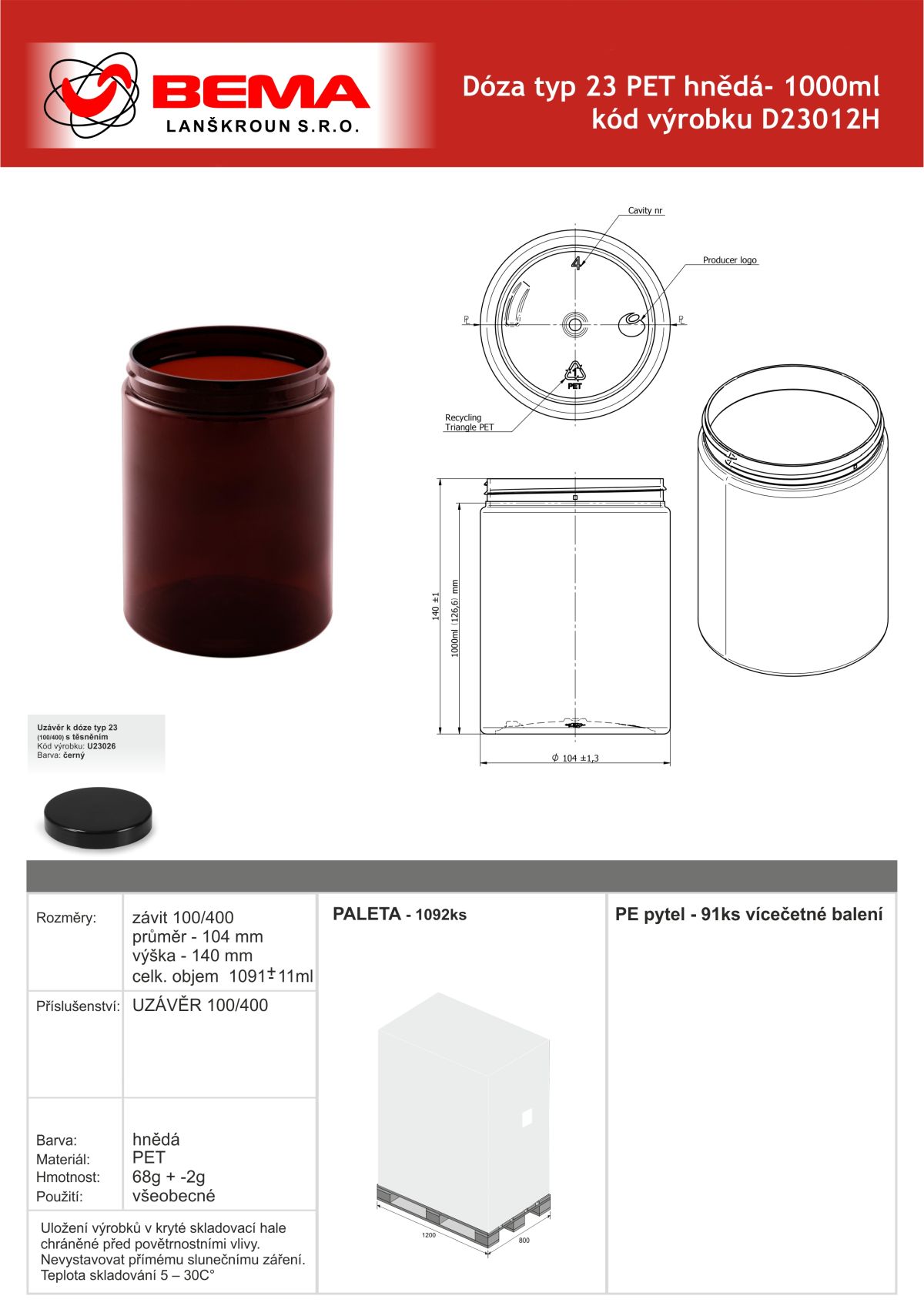 D23012H Doza PET 1000ml hnědá 100-400 24-6-2026